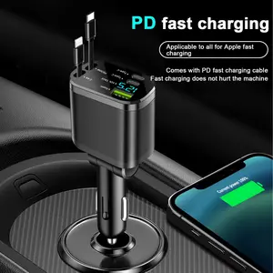 5 in 1 Retractable Car Charger with Dual Cables Fast Charging USB Car Phone Charger, LED Digital Display, PD Quick Charge 12v/24v for Huawei, Apple iPhone17ProMax, 16, 15, Samsung, Car Gadgets