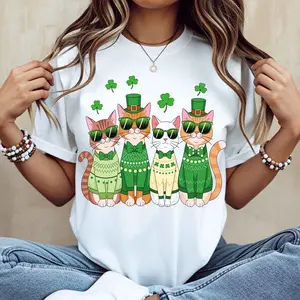 Cute Cats Wearing Green Sweaters And Hats With Clover Pattern T-Shirt White Crew Neck Casual St Patrick's Day Outfit