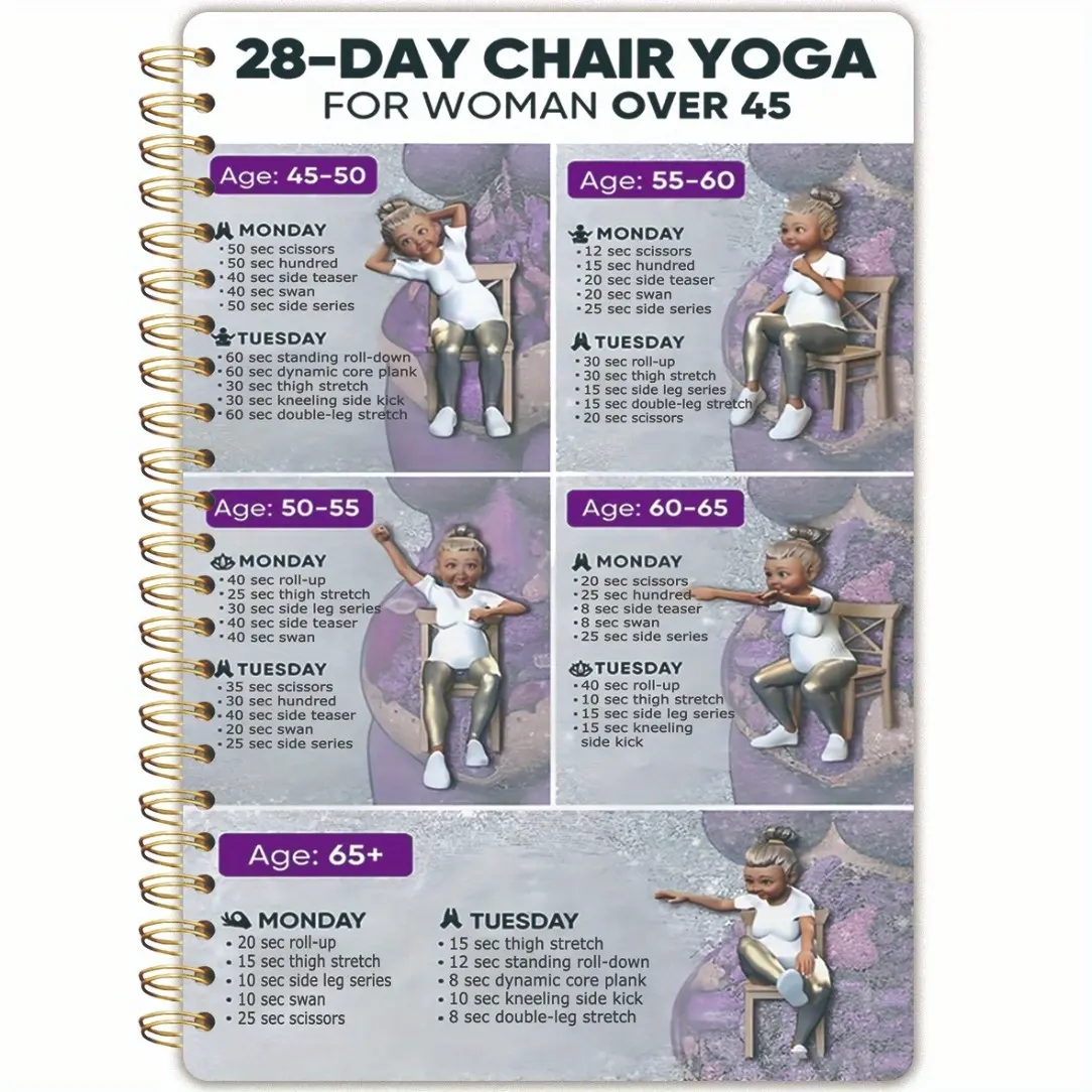 The elderly Chair Yoga Spiral Notebook-28-Day Full Body Workout Program (A5 Thick Cover, 5.5 "x8.3") for women over 65, beginners and office workers - Chair Yoga Practice and Home Fitness Health Guide