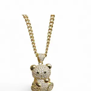 Gold-Tone Teddy Bear Pendant Necklace with Cubic Zirconia Accents for Men and Women