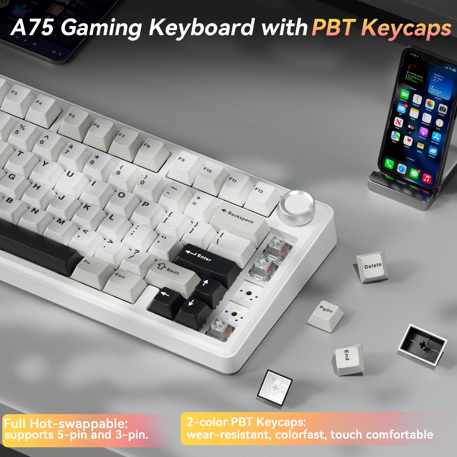 SOLAKAKA A75 75% Wireless Mechanical Keyboard – Hot-swappable RGB gaming keyboard with a sealed design, smooth feel, PBT keycaps, and rotary controls. A creamy keyboard suitable for PC/Mac gaming devices.