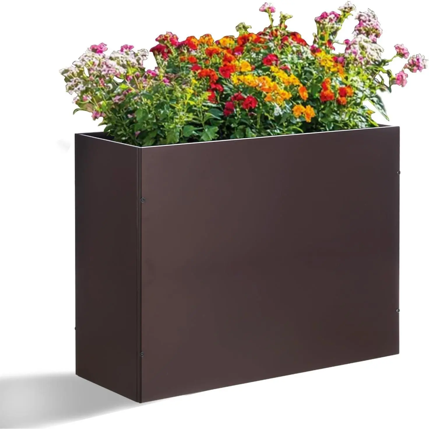 Durable 32'' L x 12'' W x 24'' H Rectangular Modern Brown Metal Planter Box (2 Cu Ft) - Heavy Duty with Drainage Holes, Easy to Assemble with Accessories for Outdoor Garden Patio, 2 Cubic Feet