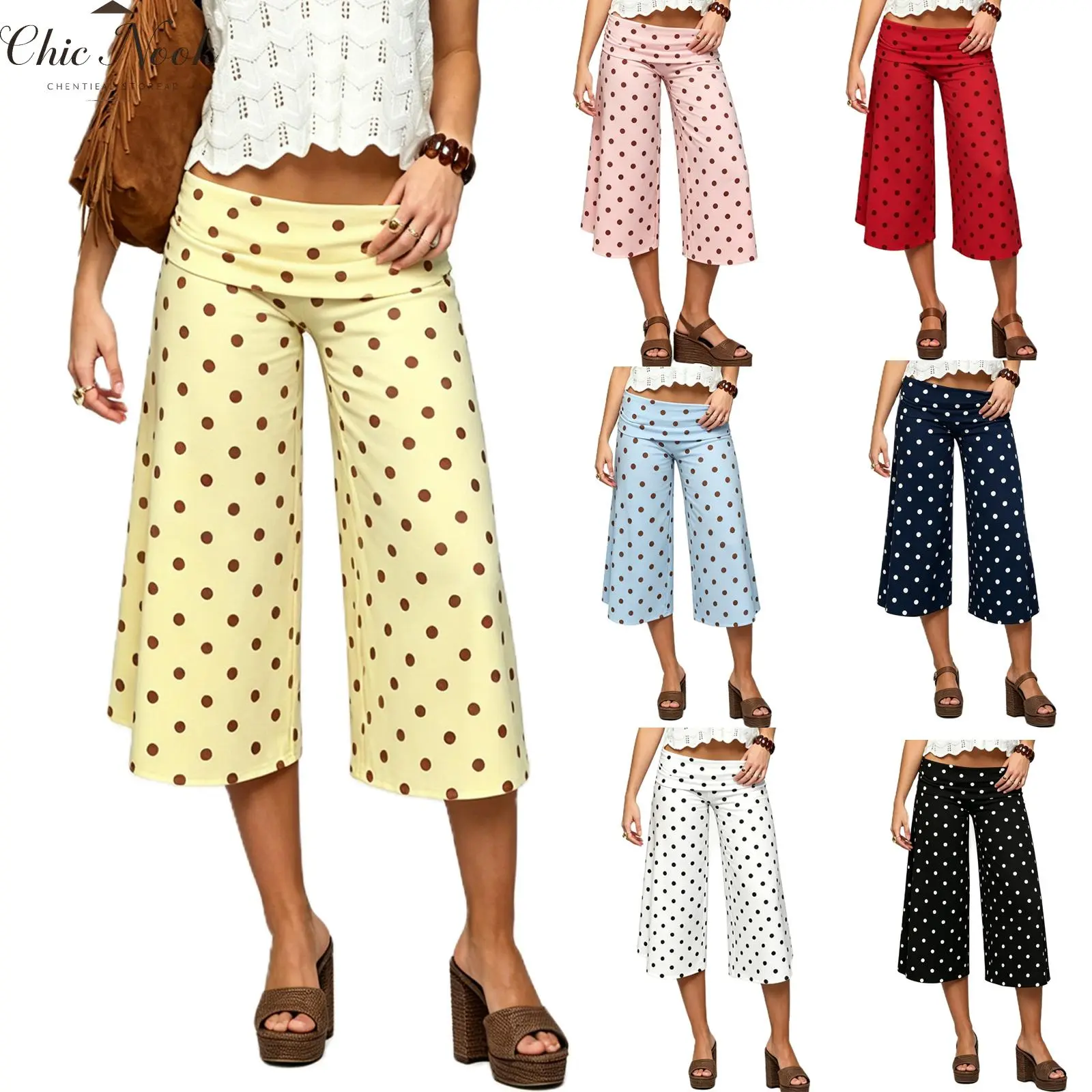 Women‘s Polka Dots Print Fold Over Capri Pants Low Rise Wide Leg Gaucho Pants Summer Casual Cropped Yoga Bottoms