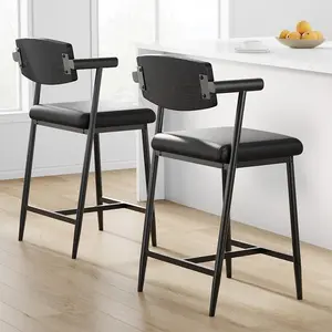 Bar Stools Set of 2 with Arms, 26" Counter Height Barstools Set with Wood Back & Footrest, 2-Piece Modern Metal Bar Stools, Wide Seat for Counter Bar, Kitchen Island, Easy Assembly, Retro Black