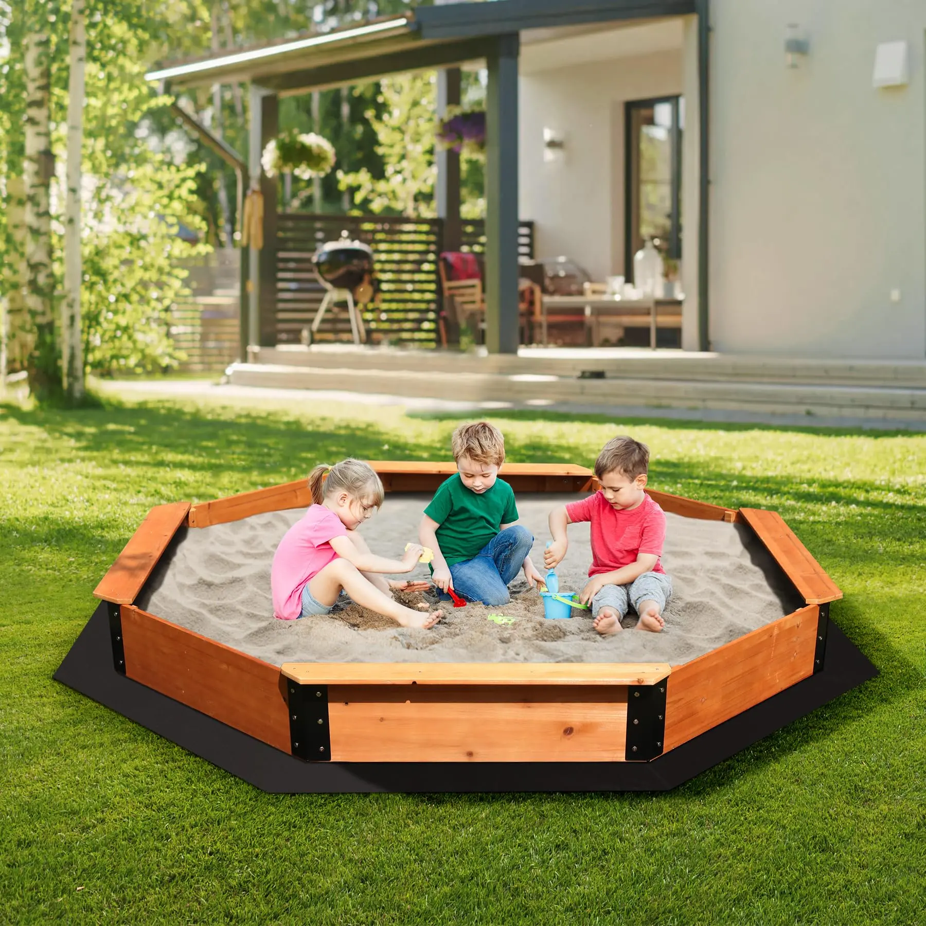 FUNTOK 85" x 85" x 9" Heat-Treated Oiled Certified Fir Solid Wood Octagon Sandbox for Children, Large Natural Sandpit with 4 Built-in Benches, Bottom Liner, 198lbs Capacity, Fits 2-4 Kids, 1000-1200 lbs Sand Capacity, Outdoor Backyard Use