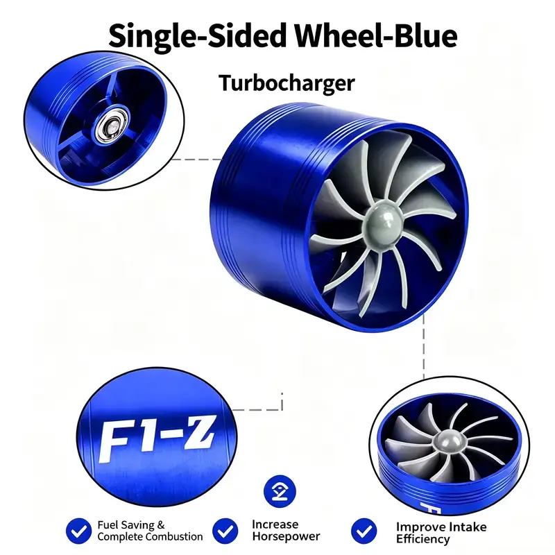 Car Single-sided wheel Car Decorative Air Intake Style Tool Kit-Lightweight Automotive Single Fan Exterior Accessory with 2 Pcs Flexible Rubber Mounts, Car Fans Included (Turbo Supercharger, fuel saving and combustion assisting, increases horsepower)