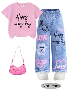 Two-Piece Girls' Casual Set, Hearts Print, Soft Knit Short Sleeve T-Shirt & Denim Jeans, Suitable for Ages 4-9, Daily Wear, Casual Outfit Set, Clothing Sets