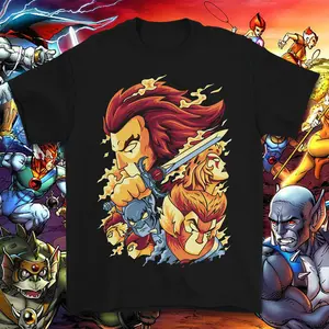 Vintage 80s Cartoon Thundercats Graphic Tee Lion-O Sword Anime Poster Style Fiery Print Oversized Streetwear Unisex T-Shirt