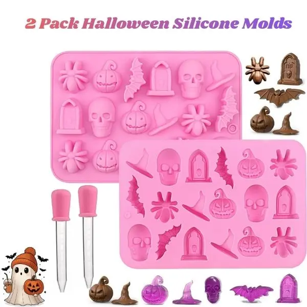 2-Pack Spooky Halloween Silicone Baking Molds, 3D Kitchenware for Chocolate, Candy, Gummy - Skull, Pumpkin, Bat, Ghost, Witch Hat, Spider, Tombstone Shapes - Party Supplies