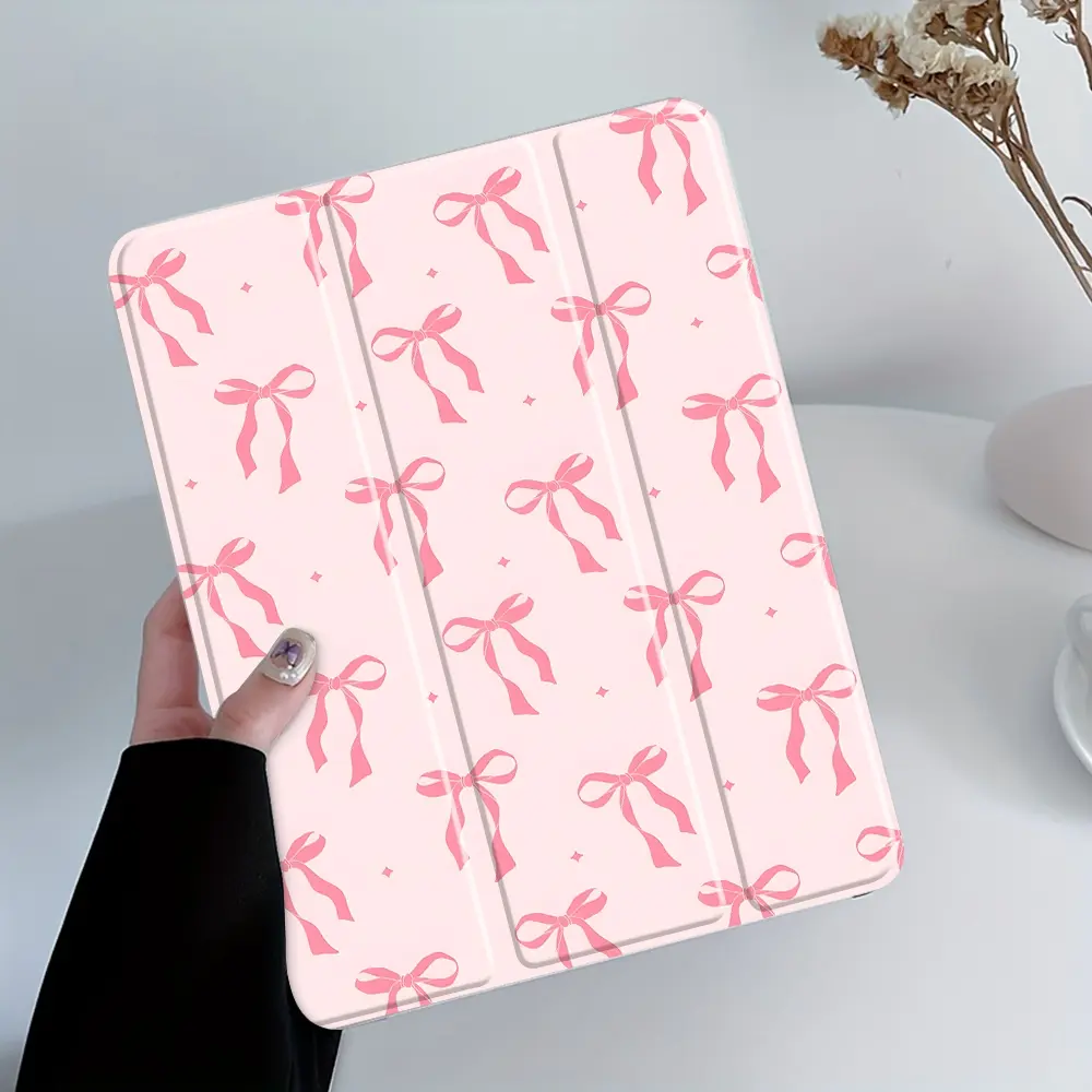 Soft Pink Bow Pattern Design iPad Case, Tablet Casing, Durable Tablet Casing, Transparent Acrylic Stand Cover, Pencil Holder & Charger Slot, Fits iPad Pro/air/mini, Shock-resistant Full Cover Protective Case for Offices, Schools, Homes