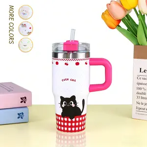 14oz Cute Cats Dogs Bears Tumbler with Handle and Straw, Stainless Steel Insulated Water Cup, Double-layer anti-scald, for Sport, Travel -Gifts for ladies