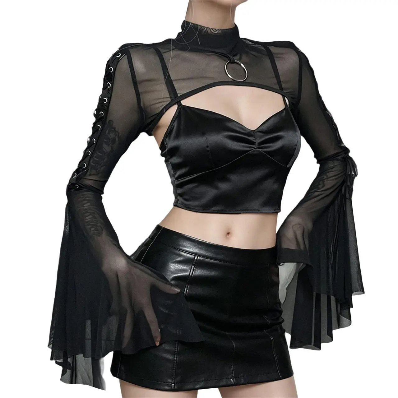 Steampunk Crop Cardigan Shrug for Women - Black Flare Long Sleeve Lace-up High Neck See Through Bolero Tops for Disco, Goth, Bridal, Wedding