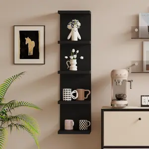 Five-layer black floating wall shelf, combining texture and stability. Decor, no hardware accessories required, easy to install even for women. Suitable for bedrooms and living rooms. Wall-mounted design saves floor space.