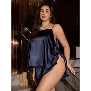 Plus Size Sexy Lace Splice Satin Camisole & Shorts Sleepwear Set