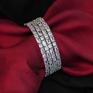 Silver Rhodium-Plated American Diamond-Ad and CZ Stones Studded Bangles Set of 4 Pieces Size 2.4 2.6 Elegant Jewelry