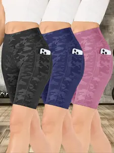 Women's Camo Print Gym Shorts, Breathable Comfortable Skinny Shorts, Side Pockets Shorts, Ladies Sportswear for Indoor Outdoor Wear, Stretch Shorts, Bottoms