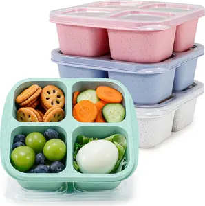 Caperci 4-Pack Wheat Straw Bento Snack Boxes, 4-Compartment Reusable Meal Prep Containers for Kids & Adults, Multicolor with Clear Lids, Portable 2-in-1 Kitchen Preserving Tableware