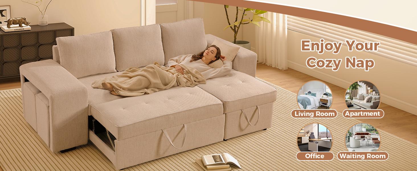 [SpringStatements] EBELLO Chenille Sleeper Sofa Couch with Pullout Bed, 4 in 1 L Shaped Modular Sectional Sofa with Storage Ottoman for Living Room