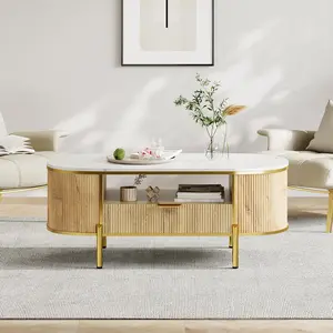 48 Inch Oval Coffee Table with Drawer, Modern Fluted Faux Marble Top Center Table, Gold Metal Legs, Wooden Living Room Table for Lounge
