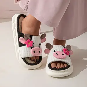 Cute cow fluffy slippers, comfortable slip on,Women's Fuzzy Cow Cotton Slippers Portable Animal Slippers For Indoor Outdoor Warmth Lovely In Winter Walking Shoes Footwear Girl Flipflop Slide Purple