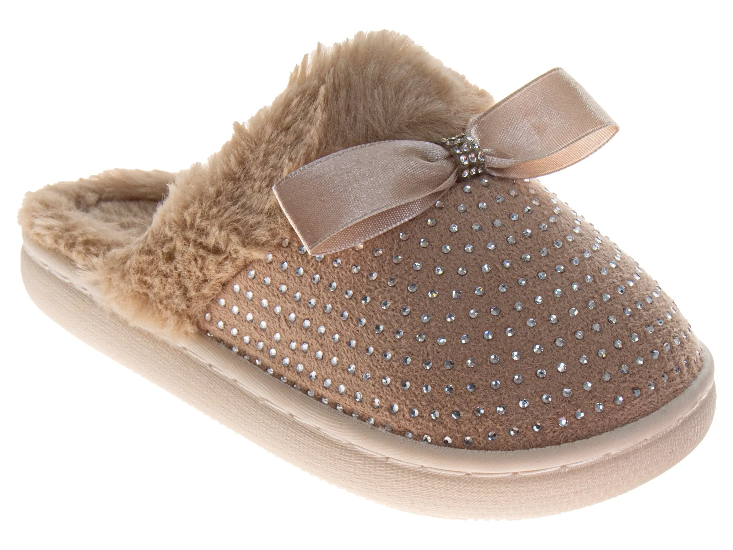 Badgley Mischka Elegant Rhinestone Slide Slippers for Women - Padded Fur House Footwear for Adults, Soft, Luxury, Slip On, Size 10, House Wear, Glitter Mesh, Bow