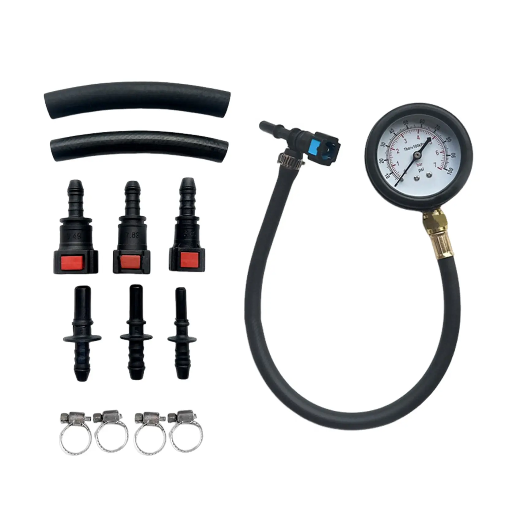 Fuel Pressure Test Kit 0-100 PSI, Fuel Injection Pressure Gauge Tester with 3 Adapters for Cars, Motorcycles and Trucks, Fuel Pump Diagnostic Tool