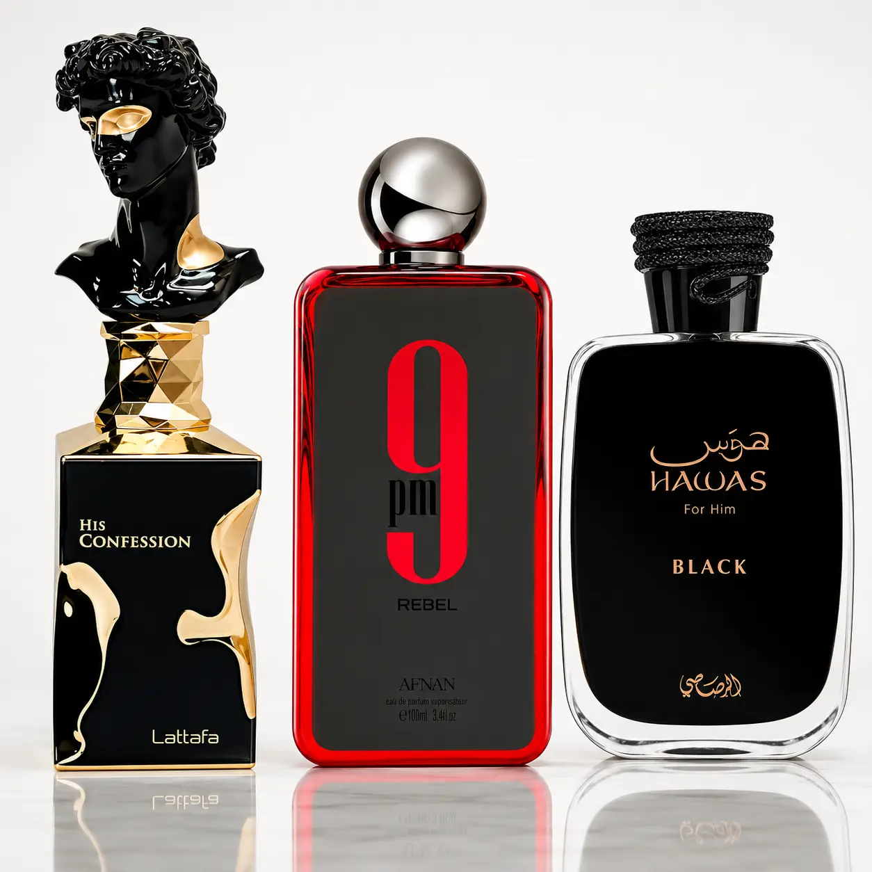 Hawas Black + 9PM Rebel + His Confession --- 3-piece perfume bundle 3.4oz (100ML) each