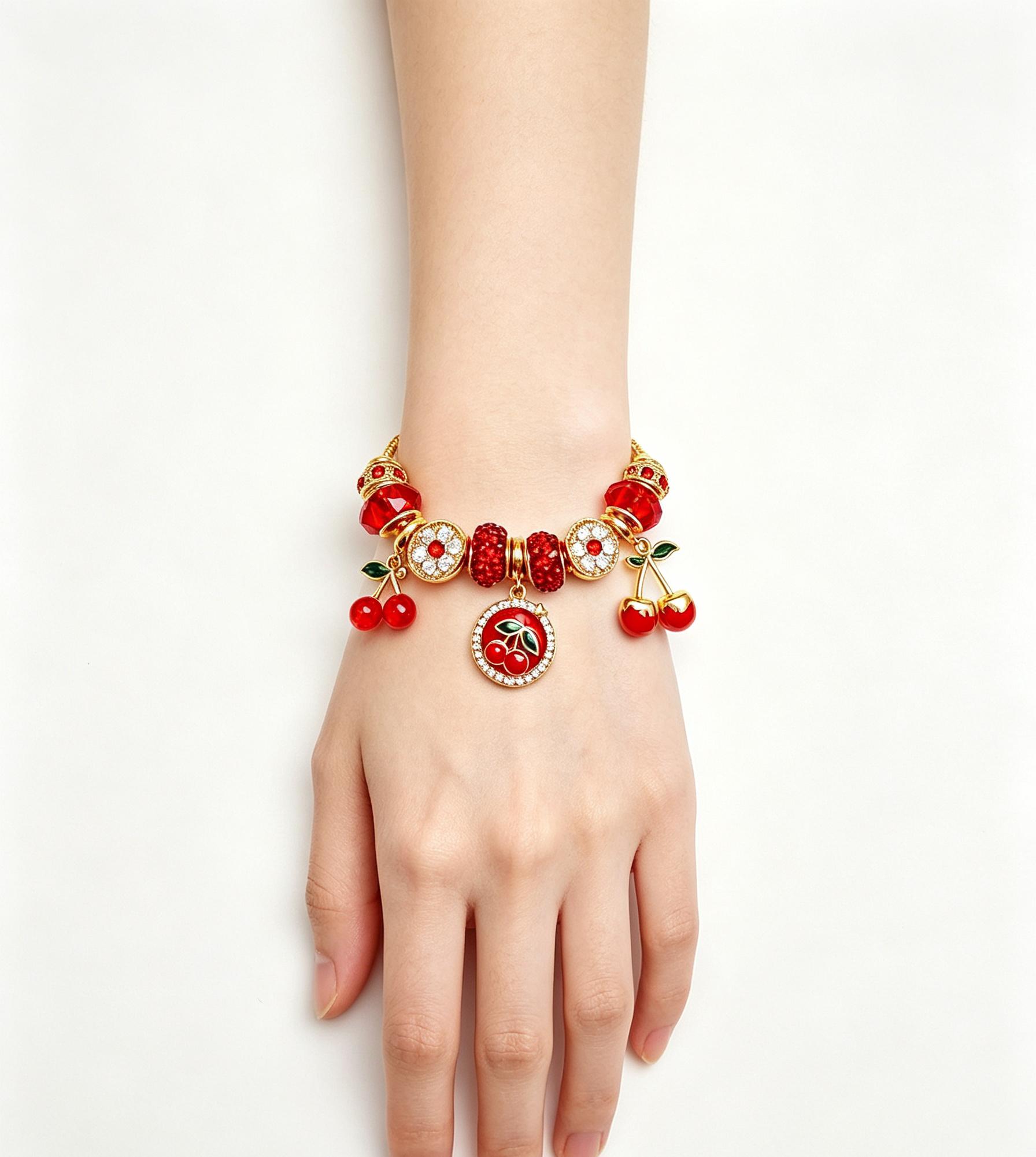 Gold Tone Cherry Charm Bracelet, Red Crystal Beaded Snake Chain Bracelet, Jewelry Gift for Women Girls Gold Tone Cherry Charm Bracelet, Red Crystal Beaded Snake Chain Bracelet, Jewelry Gift for Women Girls