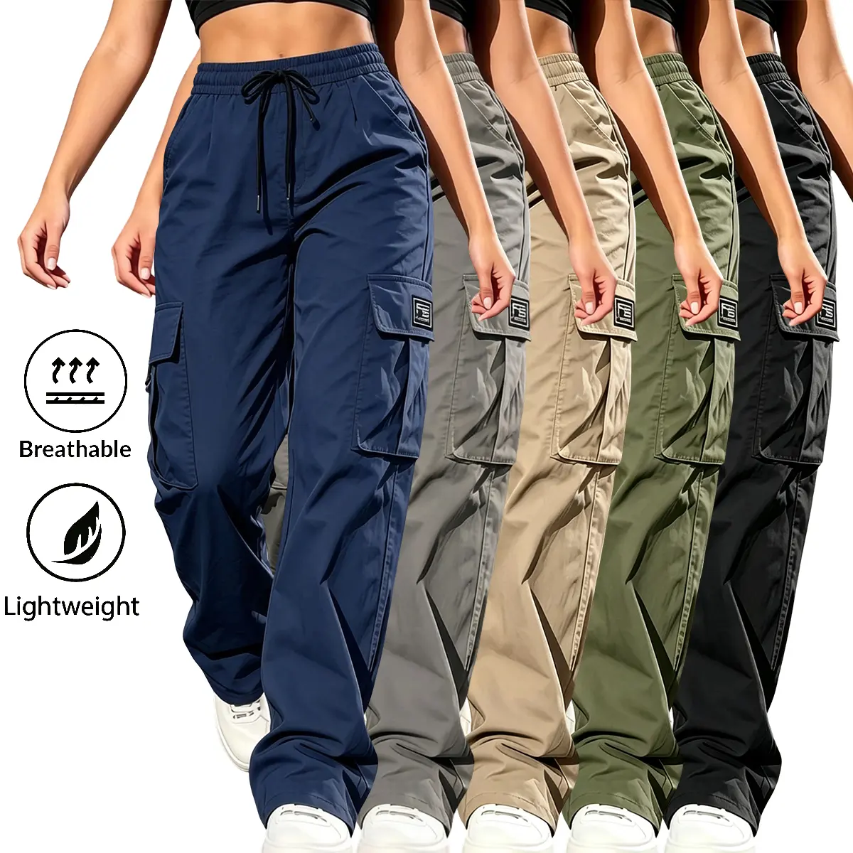 Women's 5-Pack Plain Corduroy Cargo Pants - Mid Waist Activewear Casual Wear Bottoms, Jogger Style with Elastic Drawcord Waist, Flap Pockets, All Season Polyester Pants