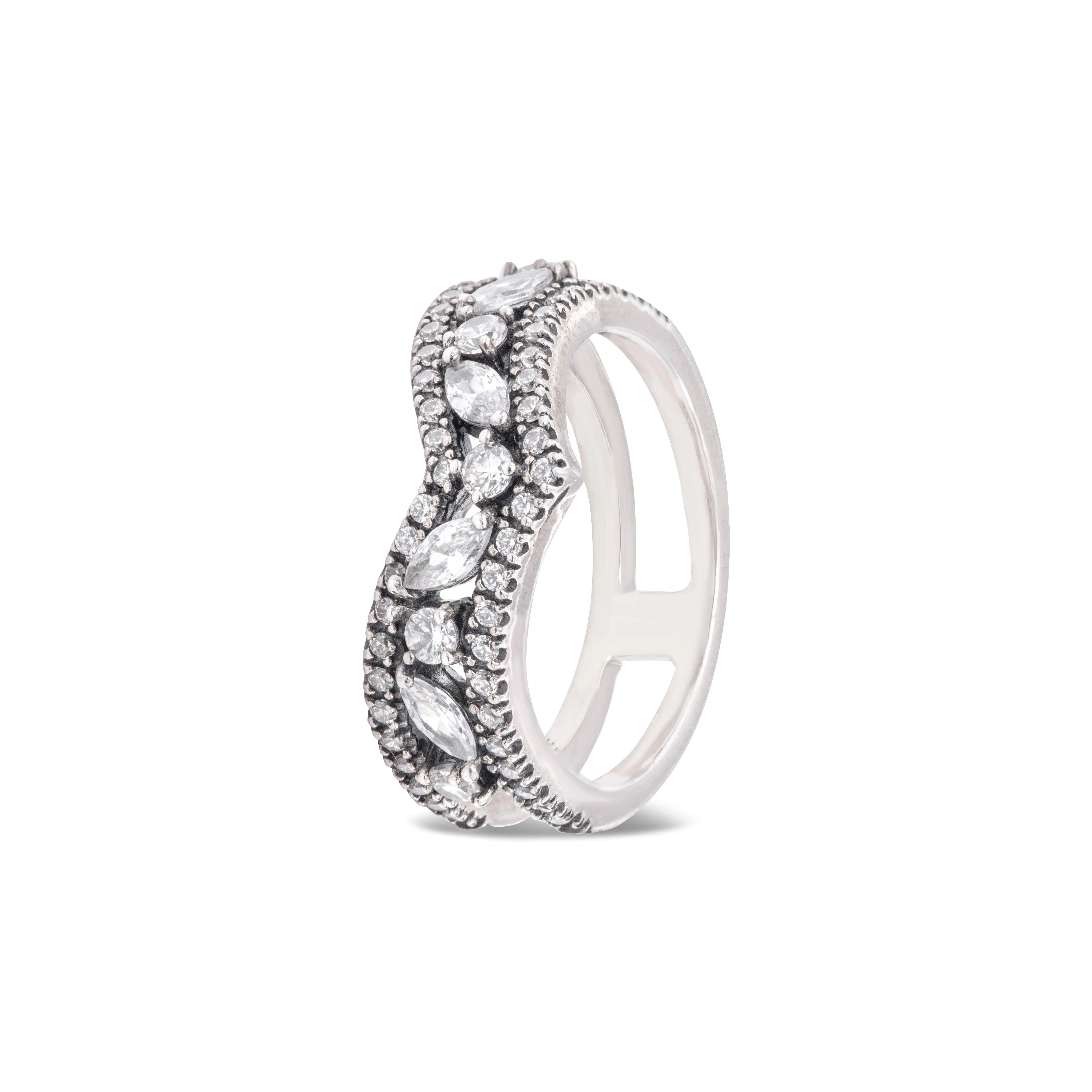 PANDORA Sterling Silver Double Wishbone Ring, Elegant Marquise Design with Sparkling Cubic Zirconia for a Stacking Look, Double Band, Sparkle Look, Stacking Layer, Elegant Silver Rings, Hand-Finished