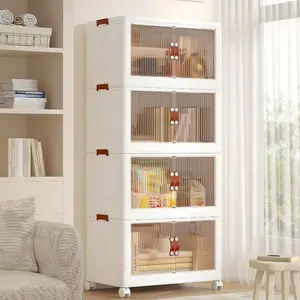 20 Gal Stackable Storage Bins with Lid 4 Pack Plastic Collapsible Storage Cabinet Foldable Folding Box Organizer Storage Container Cart with Wheel and Door for Home Office White