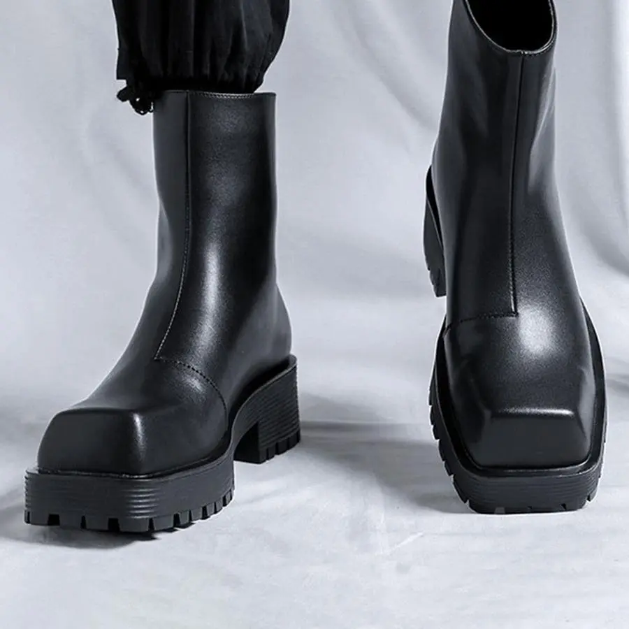 Unisex smooth leather square toe rear zip ankle boots, segmented serrated block mid heel avant-garde street daily walking boots