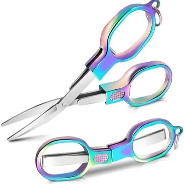 2PCS Folding Scissors, Color Stainless Steel Portable Travel Scissors, Foldable Pocket Badge Mini Small Scissor with 2 Key Ring, Gift for Men Safety Scissor for Outdoor, Fishing, Sewing, Home, Office