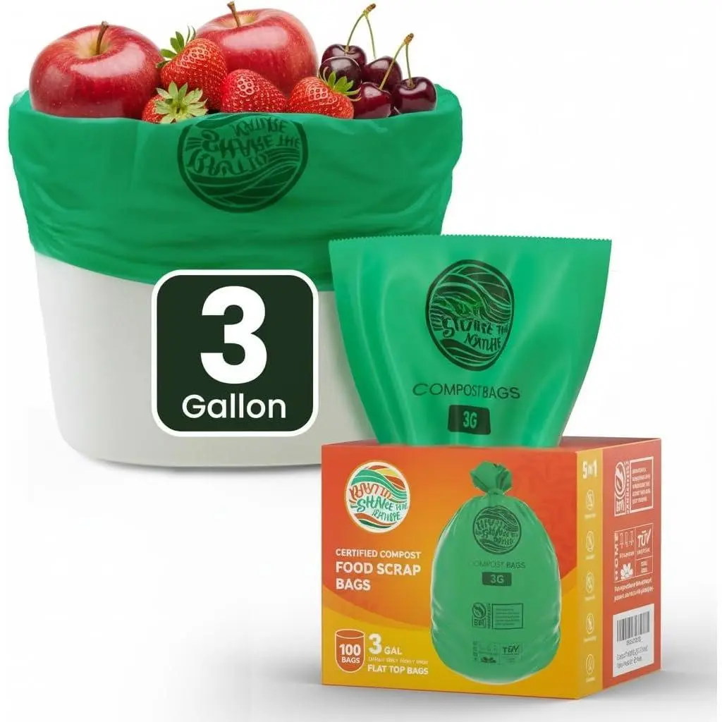 Compost Bags 3 Gallon,100 Count,Compost  Scrap  Bags Fits Countertop Bin,Small Kitchen  Scrap  Bags,Compost bin bags,Certified by BPI,ASTM D6400 and OK compost  certified