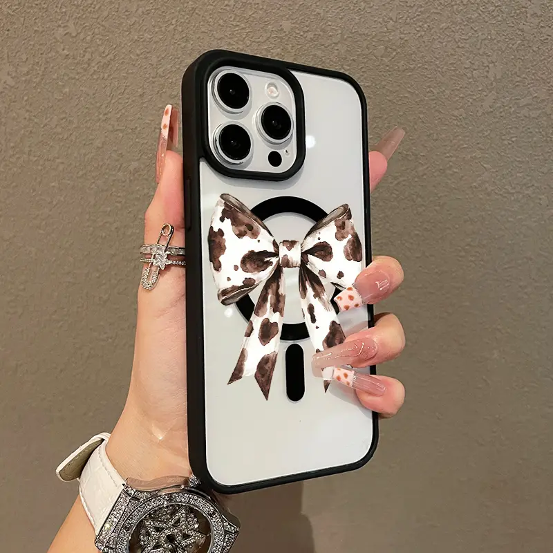 Magnetic TPU Phone Case for iPhone 11/12/13/14/15/16/17 Pro Max, MagSafe Ready, Cow Print Bow Design, Ultra-Thin, Shockproof, Resistance, Aesthetic Cute Accessories for Girls (iPhone Series Compatible)