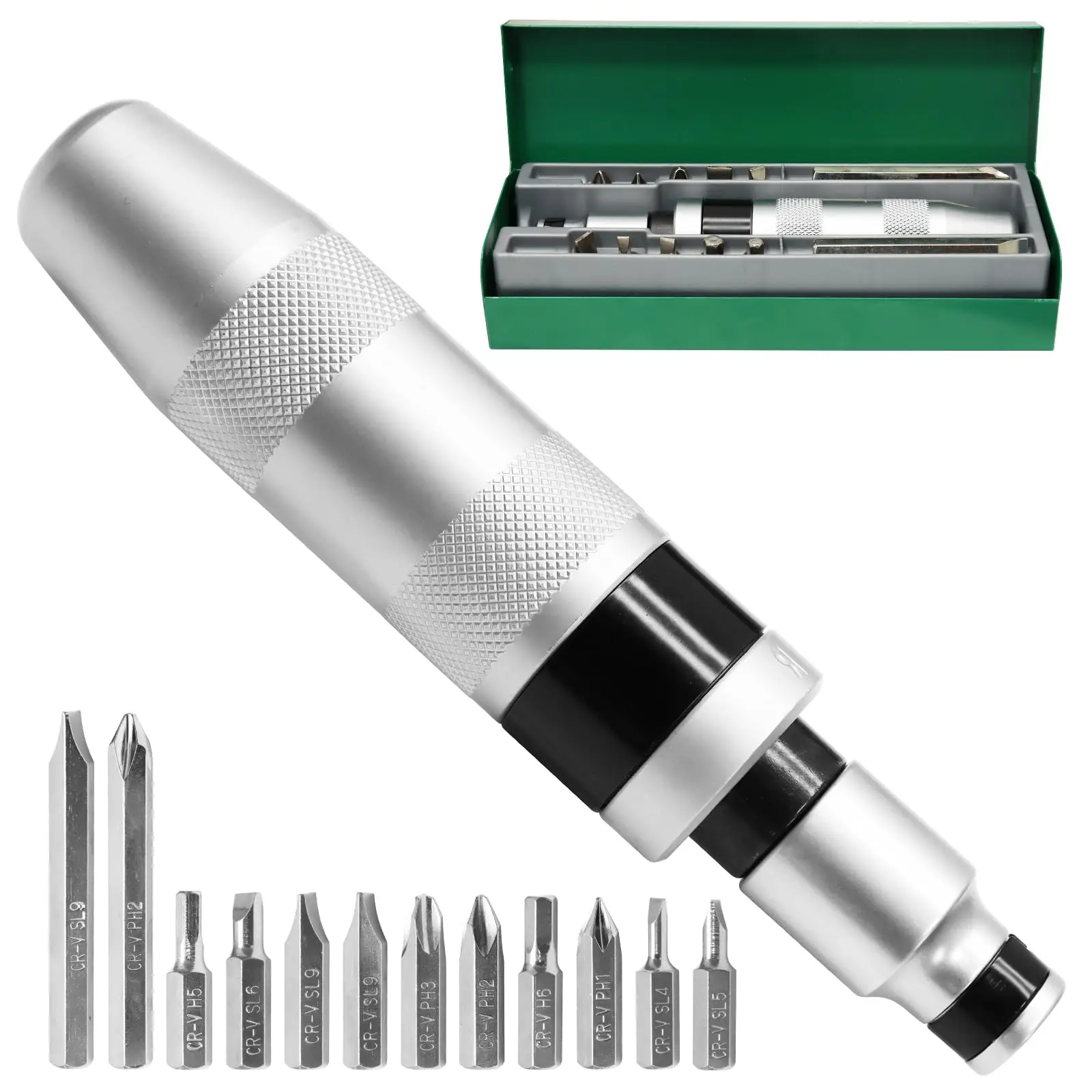 1/2-inch drive impact screwdriver set, CR-V, manual reversible impact driver sleeve, 5/16 inches.