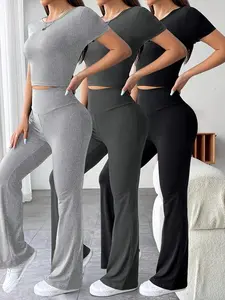 Women's Plain Summer Co-ord Set, Casual Short Sleeve Crop Tee & High Waist Flare Leg Pants Set Daily Wear, Back To School Clothes Sets, Ladies Fall Clothes for Daily Outdoor Wear, 90s Clothes, 90s Minimalism, Womenswear