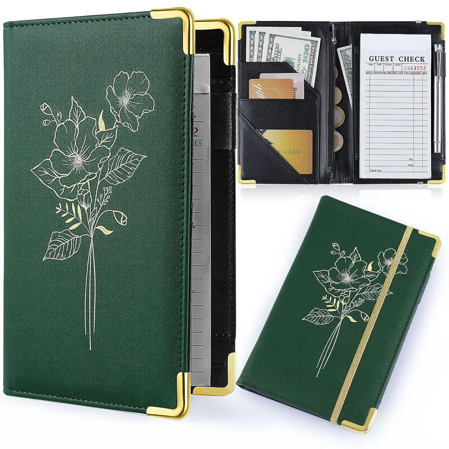 Server Books for Waitress, PU Leather Server Book with Zipper Pockets, Flower  Waitress Book with Pen Holder Fit Server Apron Check Presenters for Restaurants