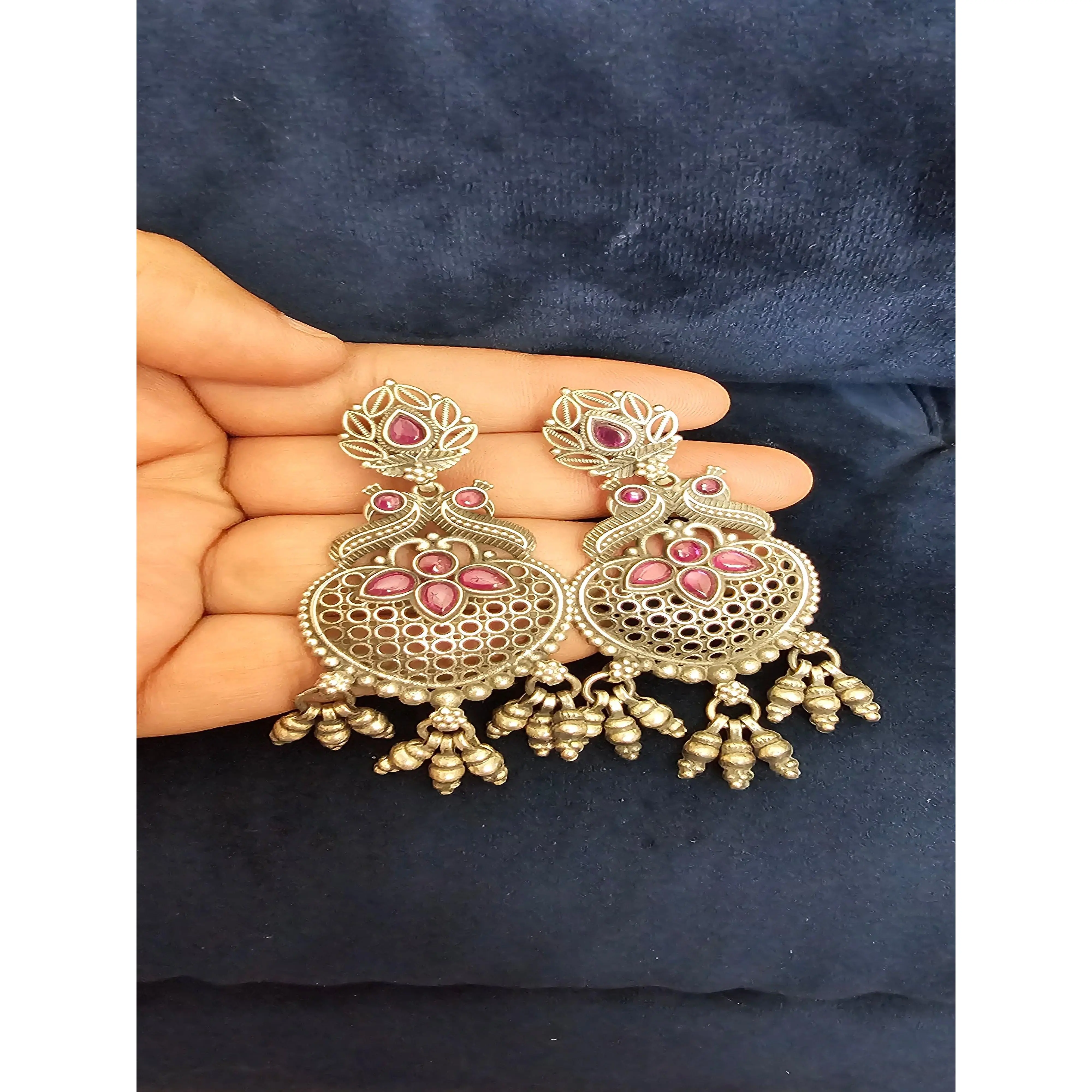 Dual Peacock Net Oxidize Silver Jhumka Earring