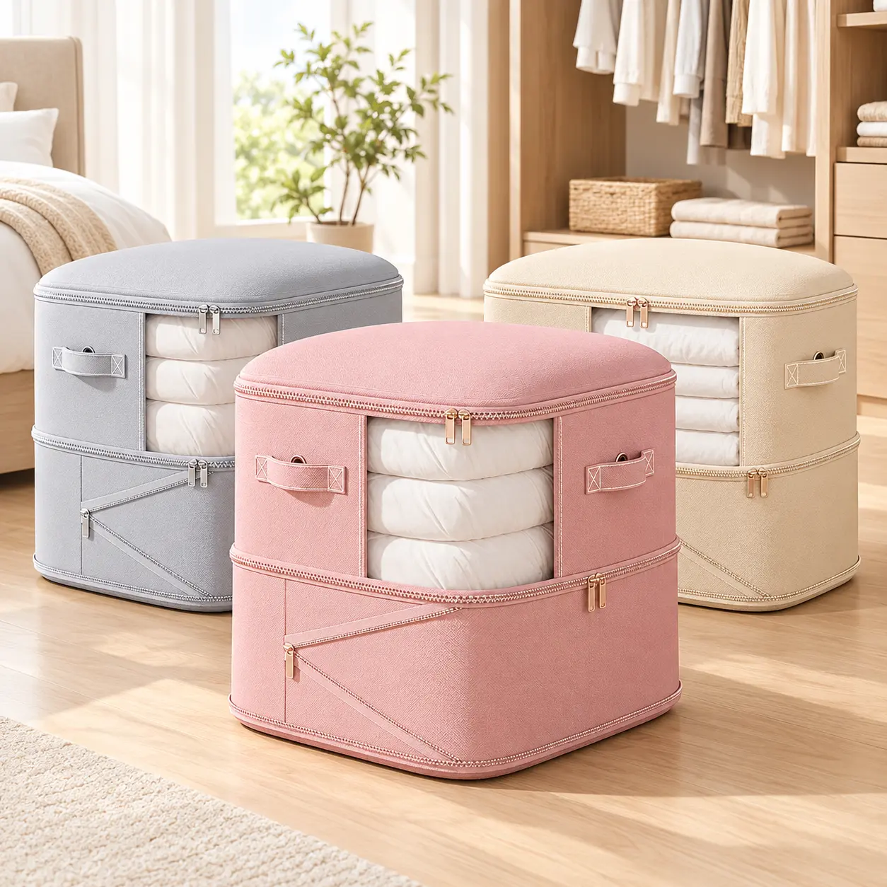 Ultra Space Saving Self Compression Organizers, Double Zipper Compression Packing Cubes for Bedding, Space Saving Roll Up Self Compression Organizer ( 21.26 * 16.54 * 23.62 IN)