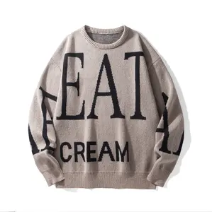 Women's Jacquard Knit Sweater, Loose-Fit Pullover with EAT CREAM Letters, Casual Round Neck Long Sleeve Top for Autumn Layering
