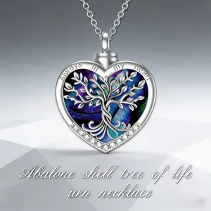Heart Tree Life Urn Pendant Easter Memorial Necklace - Abalone Shell & Stainless Steel Short Chain - Cremation Jewelry for Memorial