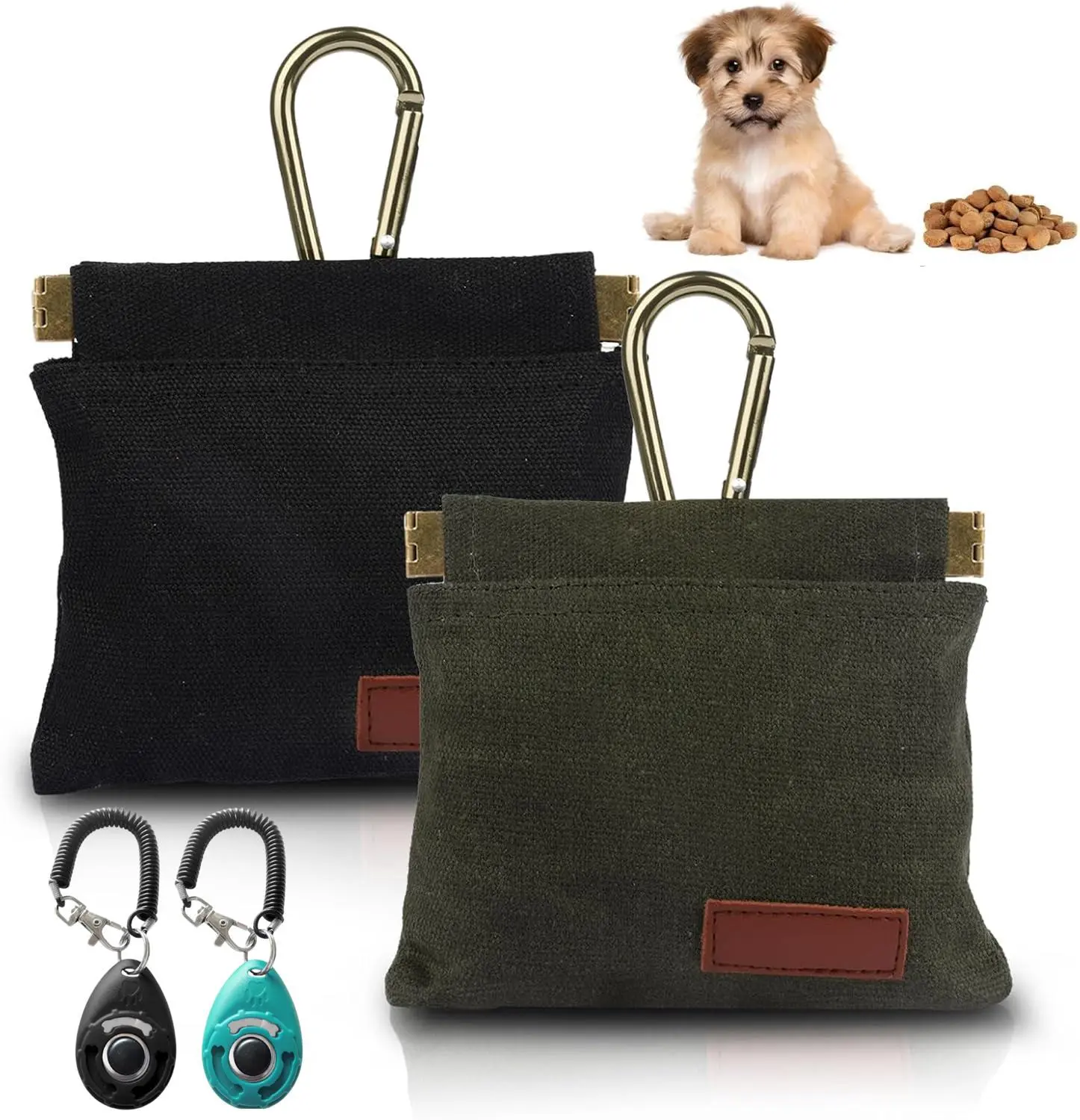 2 Packs Dog Treat Pouches & 2 Packs Dog Training Clicker with Sring Wrist and Keyring Kit, Hand Free Puppy Dogs Treat Bag with Carabiner, Pet Dog Training Clickers for Puppy, Cat, Potty, Bird, Horse, Pet
