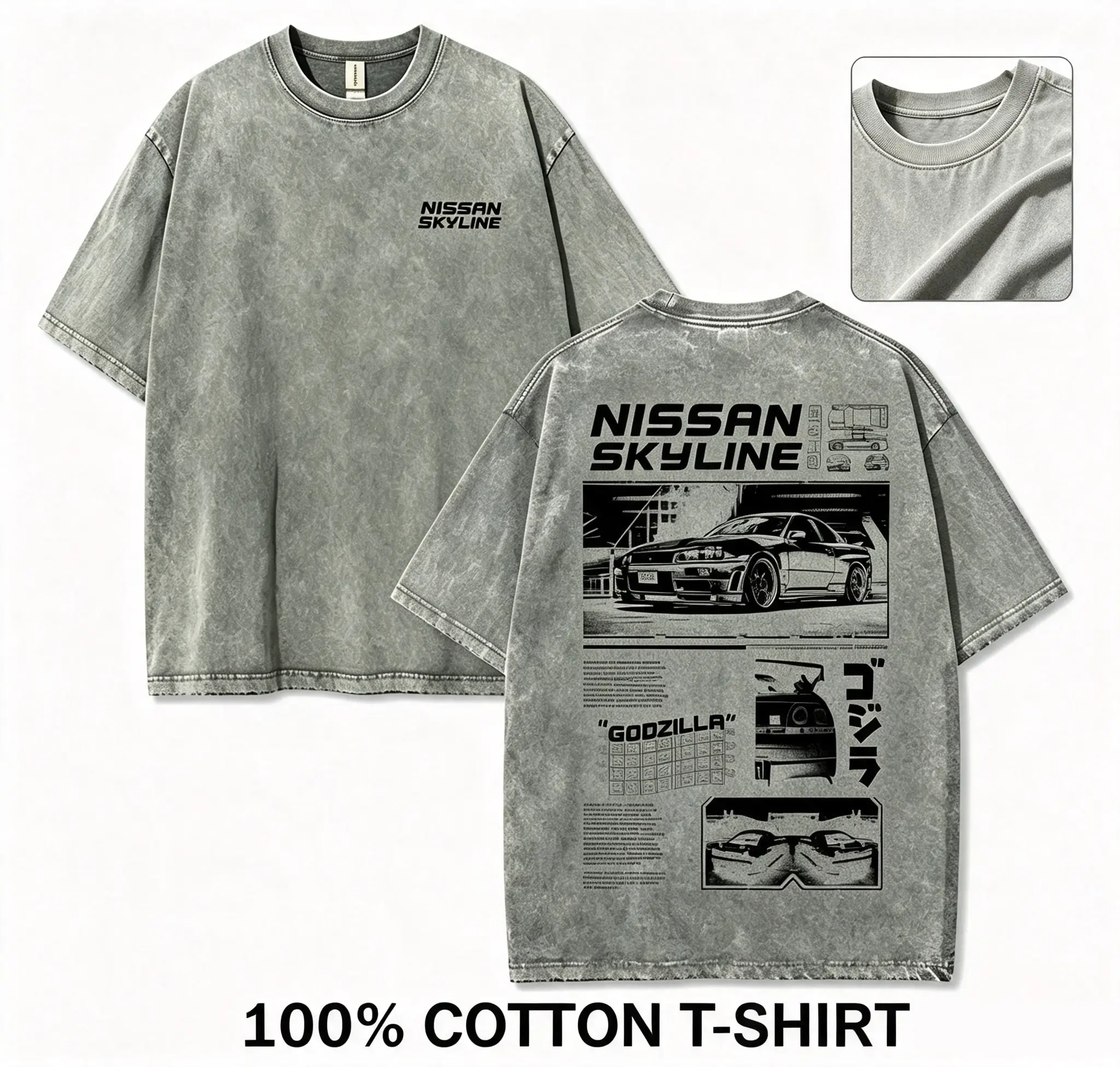 Men's Unisex Vintage Washed Heavyweight 100% Cotton Oversized Loose Fit T-Shirt - Small Chest GTR Logo, Back Dragon & Sports Car Graphic, Casual Streetwear Outfit