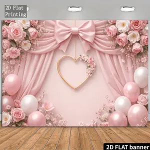 2D Flat 2D Pink Romantic Heart-Shaped Backdrop with Pink Ribbon and Heart-Shaped Wreath Decorations Paired with Roses and Balloons Creates a Sweet and Dreamy Atmosphere. Suitable for Weddings Parties Photography and Other Occasions It Adds