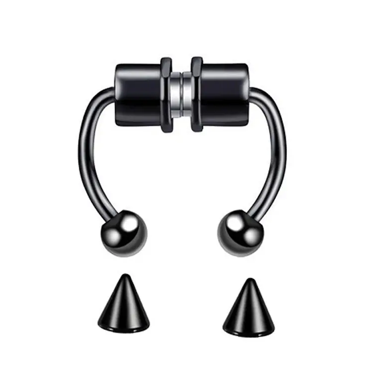 Stainless Steel Non-Piercing Fake Piercing Nose Hoop - Magnetic Fake Septum Ring with Detachable Cone & Ball Accessory Set for Female, Male Classic & Casual Wear