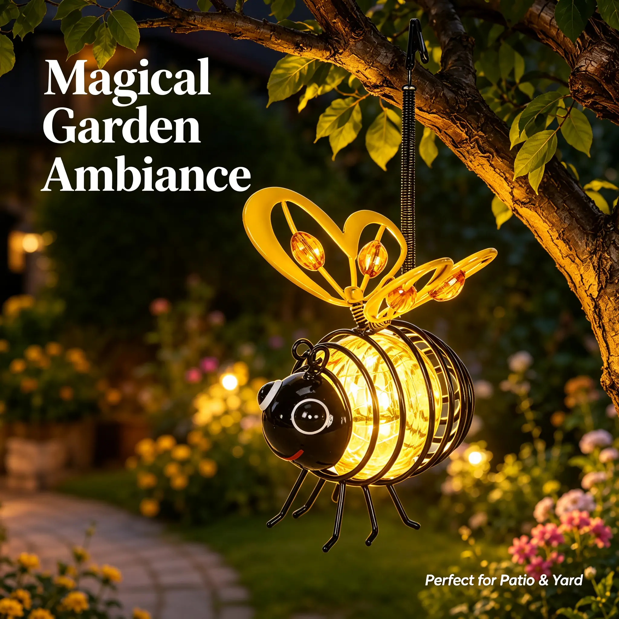 Solar outdoor waterproof small bee hanging light — handmade metal LED garden art decoration, high-elastic swing hanging light, suitable for courtyards, gardens, and balcony handrails