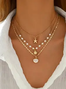 3pcs Boho Layered Shell & Starfish Necklace Set, Cuban Link Necklace, Ocean Theme Necklaces with Imitation Pearls, Summer Beach Jewelry for Women