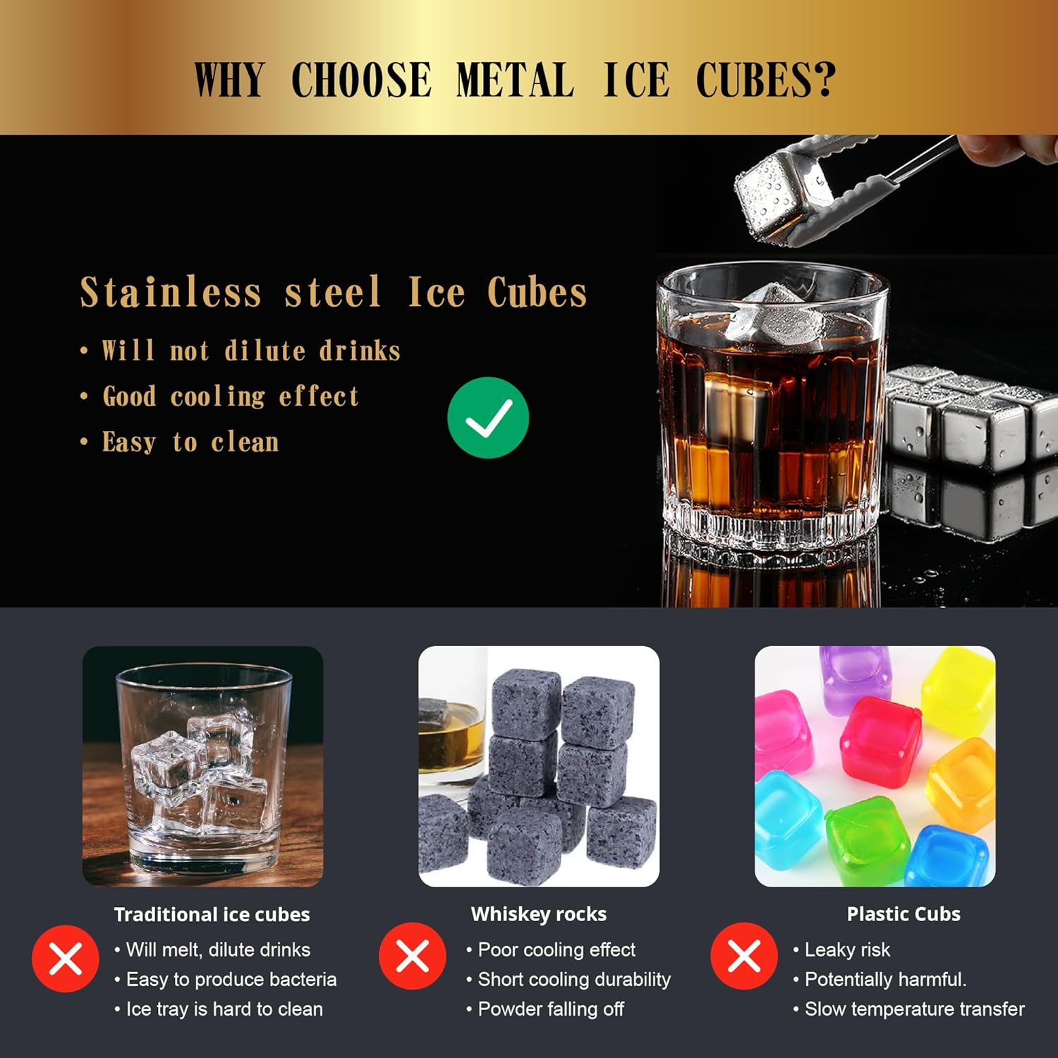 12 Pack Reusable Whiskey Stones 304 Stainless Steel Ice Cubes for Drinks Chill Without Diluting Whiskey Scotch Bourbon Gifts Drinkware 2.7 cm