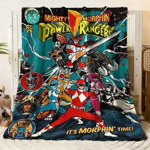 Mighty Morphin Power Rangers Flannel Machine Washable Printed Blanket - Dive into nostalgia with this vibrant retro cartoon print blanket! Featuring iconic Power Rangers characters like the Red Ranger, Blue Ranger, Pink Ra
